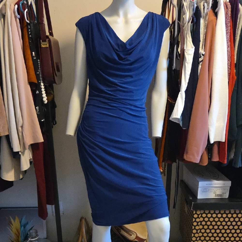 Dressbarn Royal Blue Sleeveless Side Ruched Mini Dress with Cowl Neck